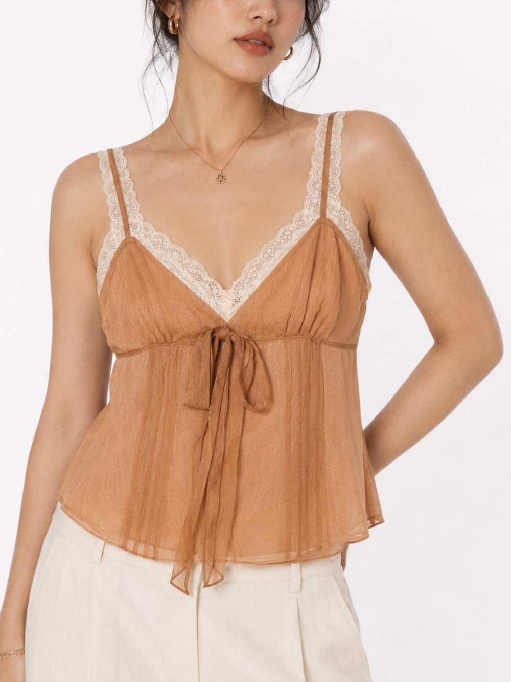 Bebe | Lace Trim Tie Front Cami Top in Caramel - Size M